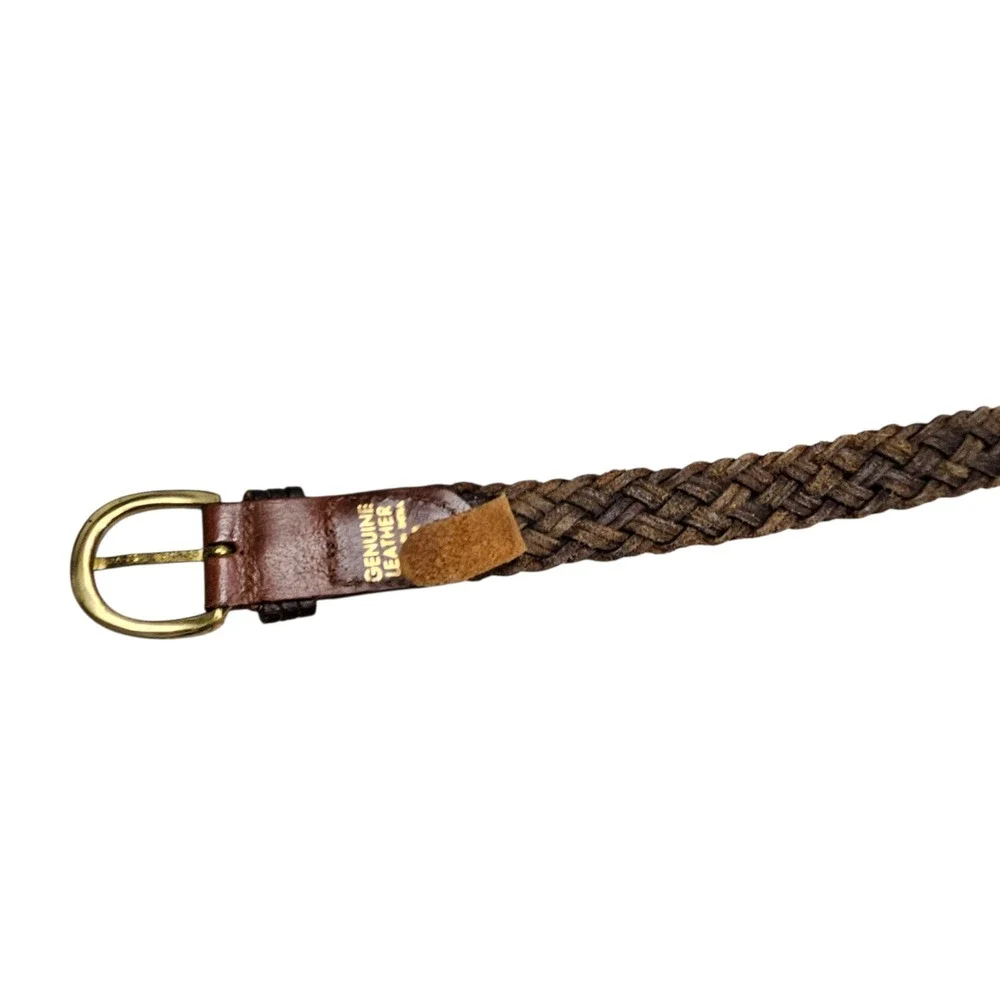 Donna Katz Basic Braided Leather Belt Brass Buckle Woven Brown Belt Large Office